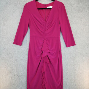 Eliza J Wine/Purple Roushing & Ruffles front Knee Length 3/4 Sleeve Dress Sz 6